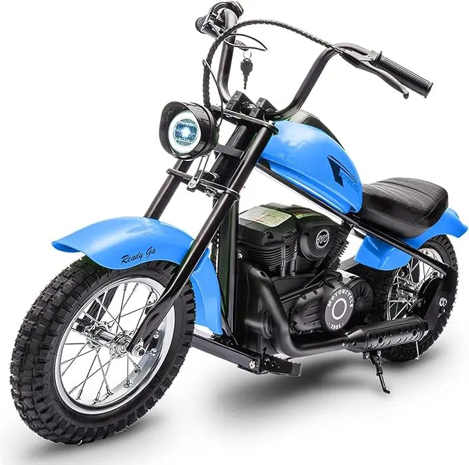 Blue and black motorcycle on a white background