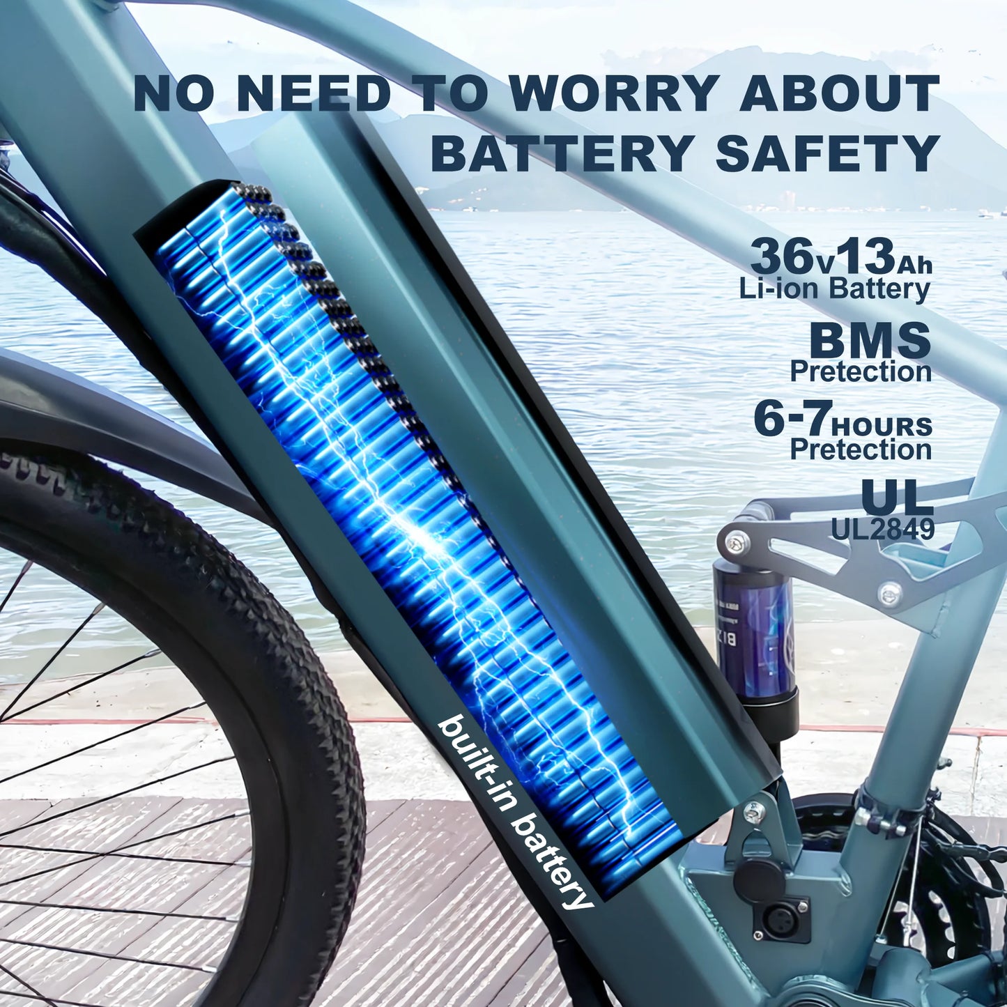 Electric bike with a highlighted battery pack and safety features text.