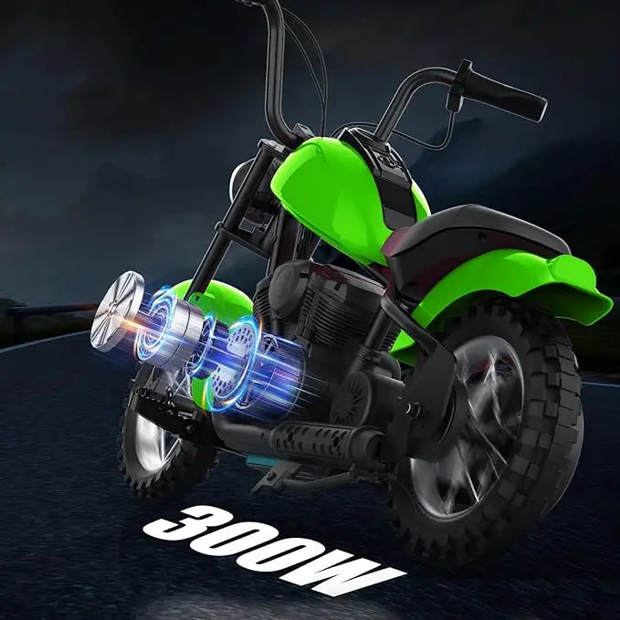 Green and black motorcycle with glowing blue engine on a dark background, featuring '300W' text.