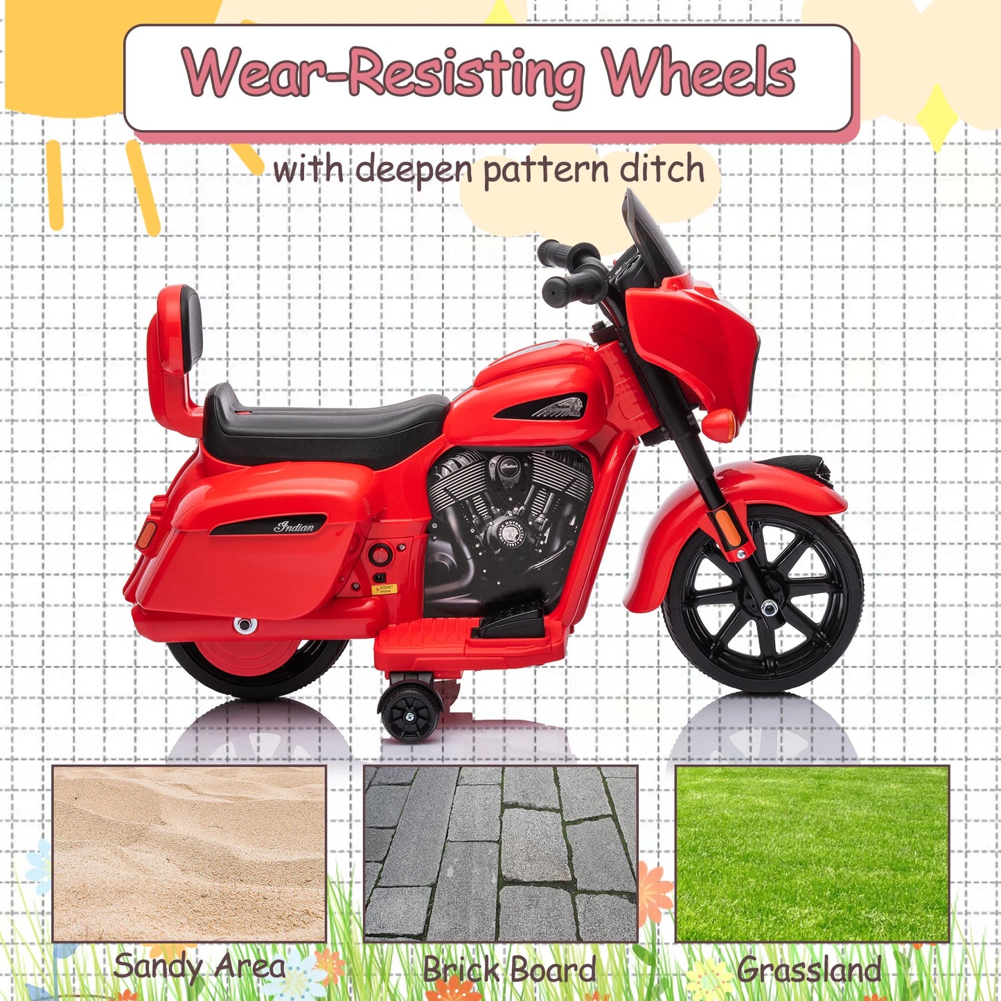 Red toy motorcycle with wear-resisting wheels on a grid background
