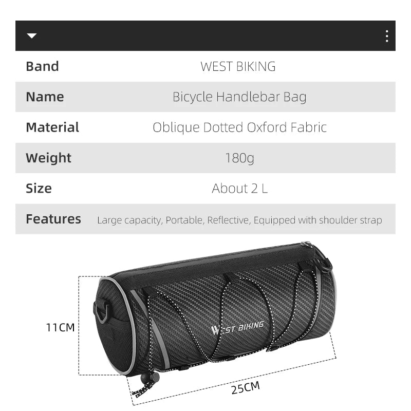 Bicycle Handlebar Bag – Waterproof 2L Front Tube Bag | WEST BIKING