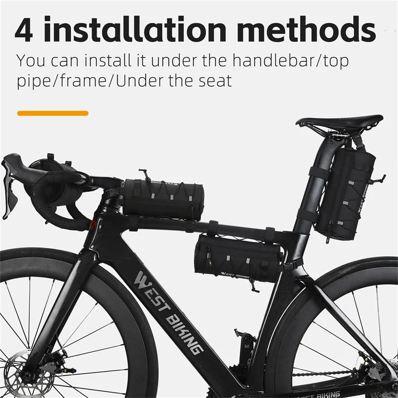 Bicycle with mounted bags and text about installation methods on a white background