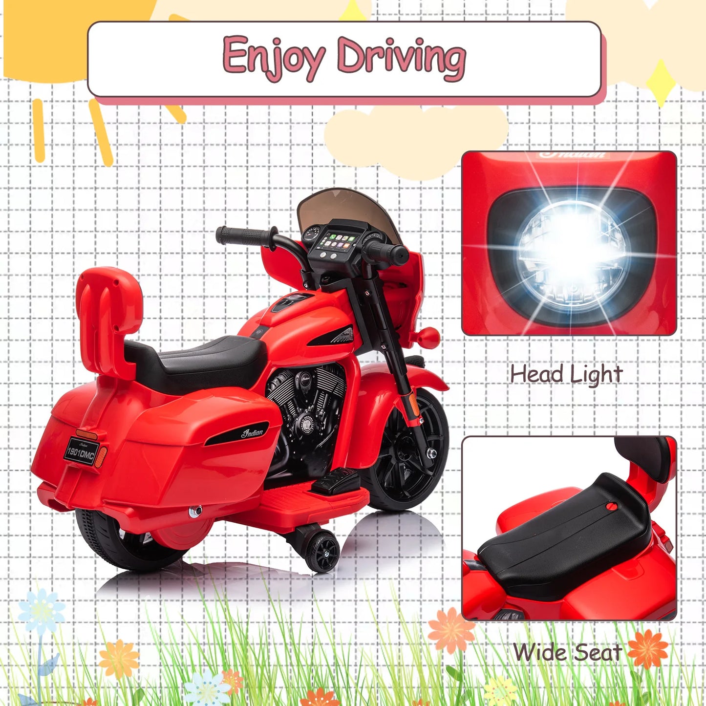 Red toy motorcycle with features highlighted on a grid background