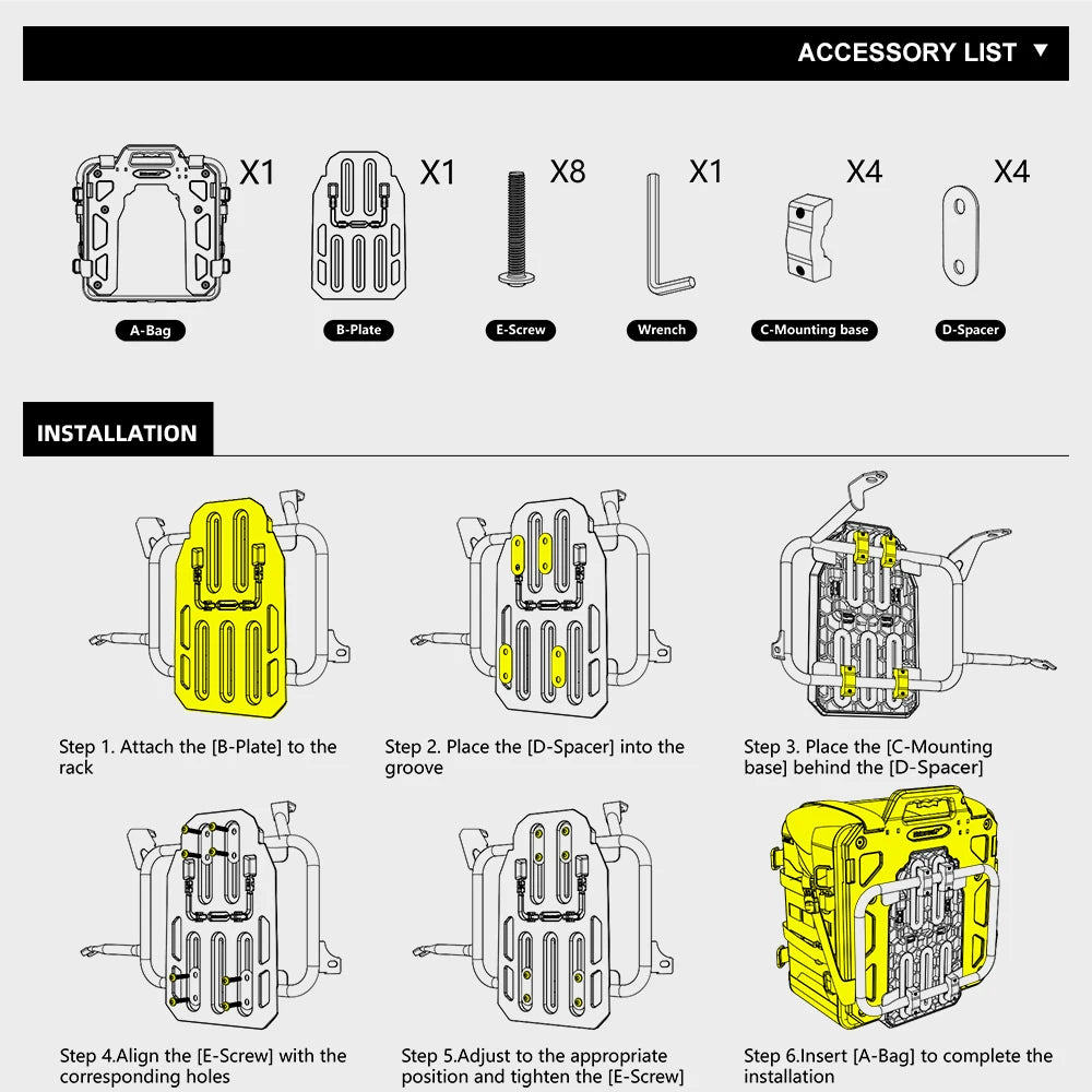 Accessory list and installation steps for a vehicle mounting system with visual indicators.