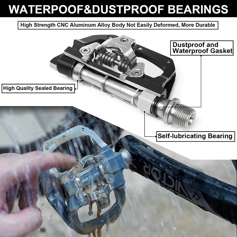 Bicycle pedal with waterproof and dustproof bearings labeled on a blurred background