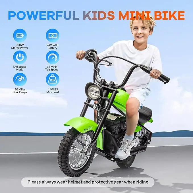 Child riding a green kids mini bike with specifications on a clear sky background