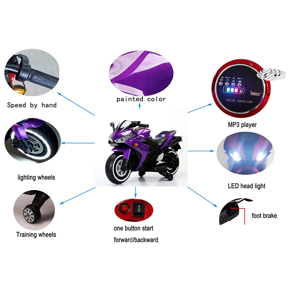 Diagram of features of a purple toy motorcycle with labeled components.