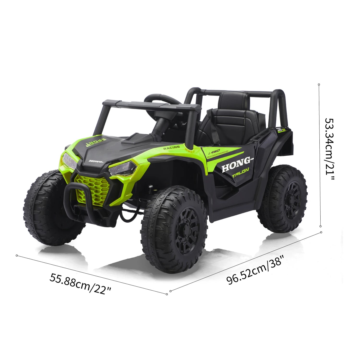 Green and black toy off-road vehicle with dimensions indicated on a white background