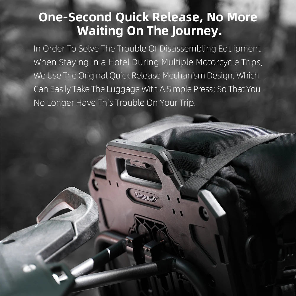Quick release mechanism for luggage with text on a blurred background