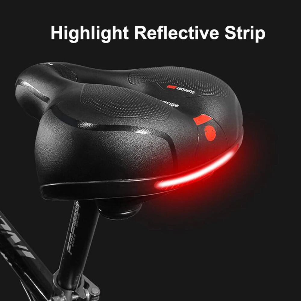 Hollow breathable e-bike saddle with big butt comfort, shock absorption, and reflective safety—ideal for men and women.