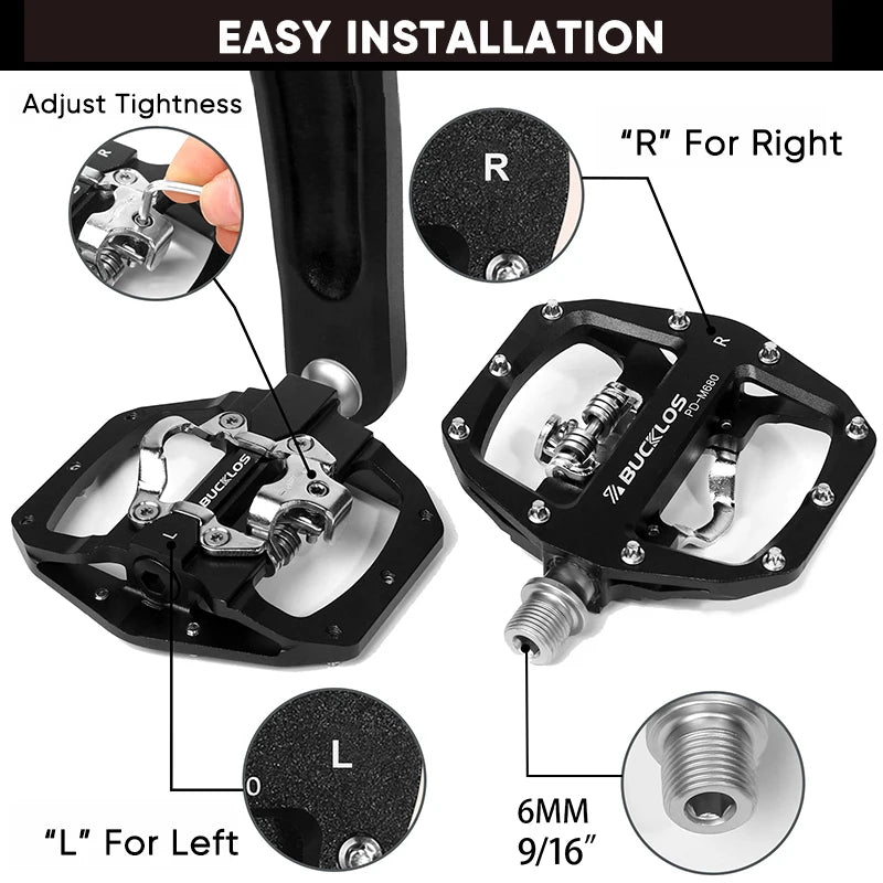 Bicycle pedals with labeled parts and installation instructions on a white background