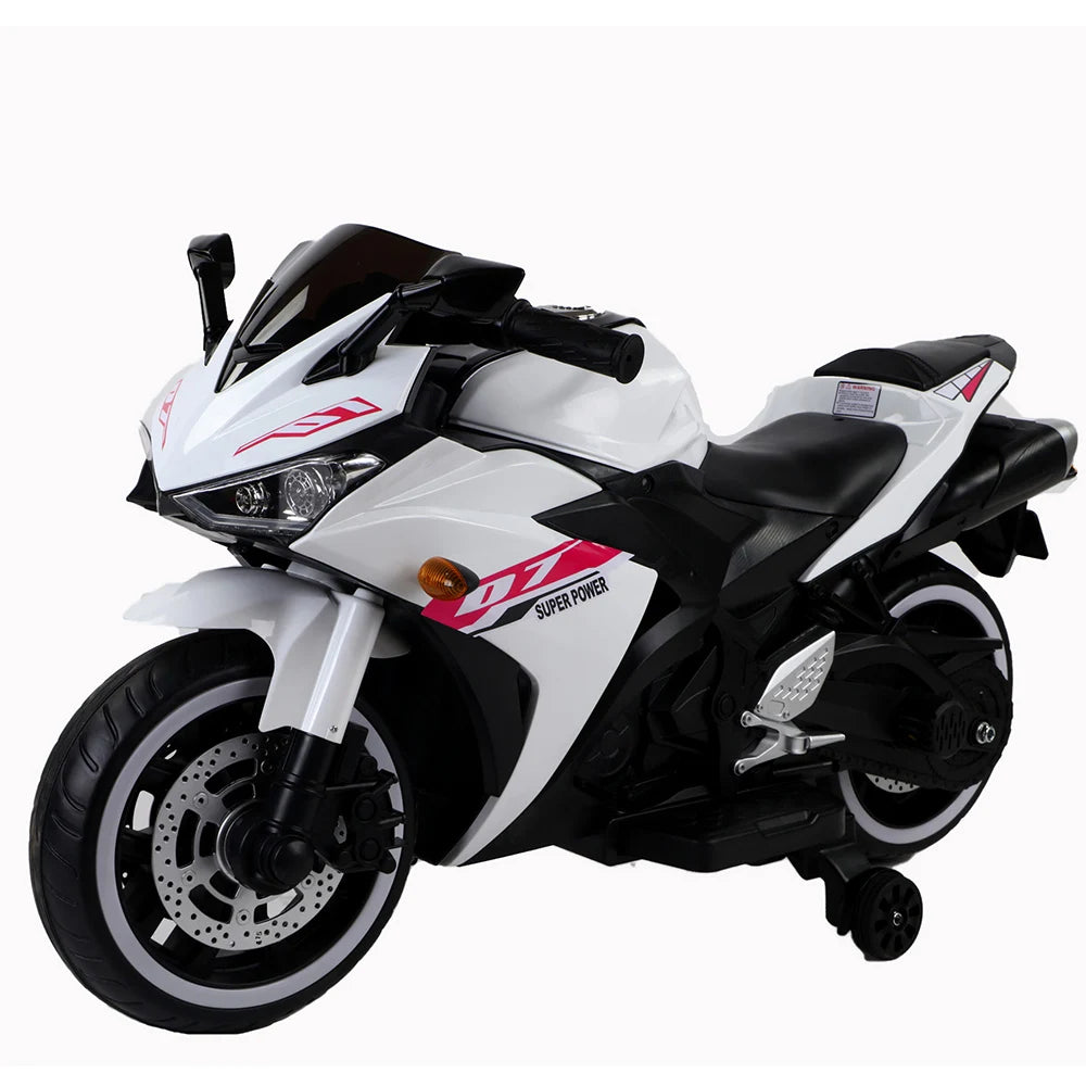 White and black toy motorcycle with red accents on a white background