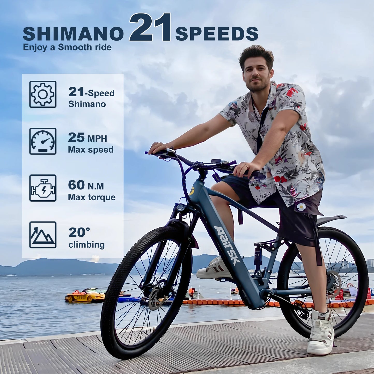 Man riding a electric bike with Shimano 21 speeds features displayed.