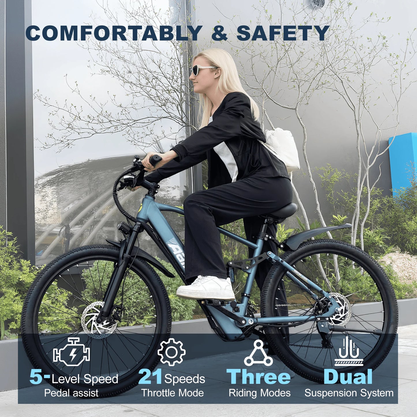Woman riding an electric bike with features highlighted on a blurred outdoor background