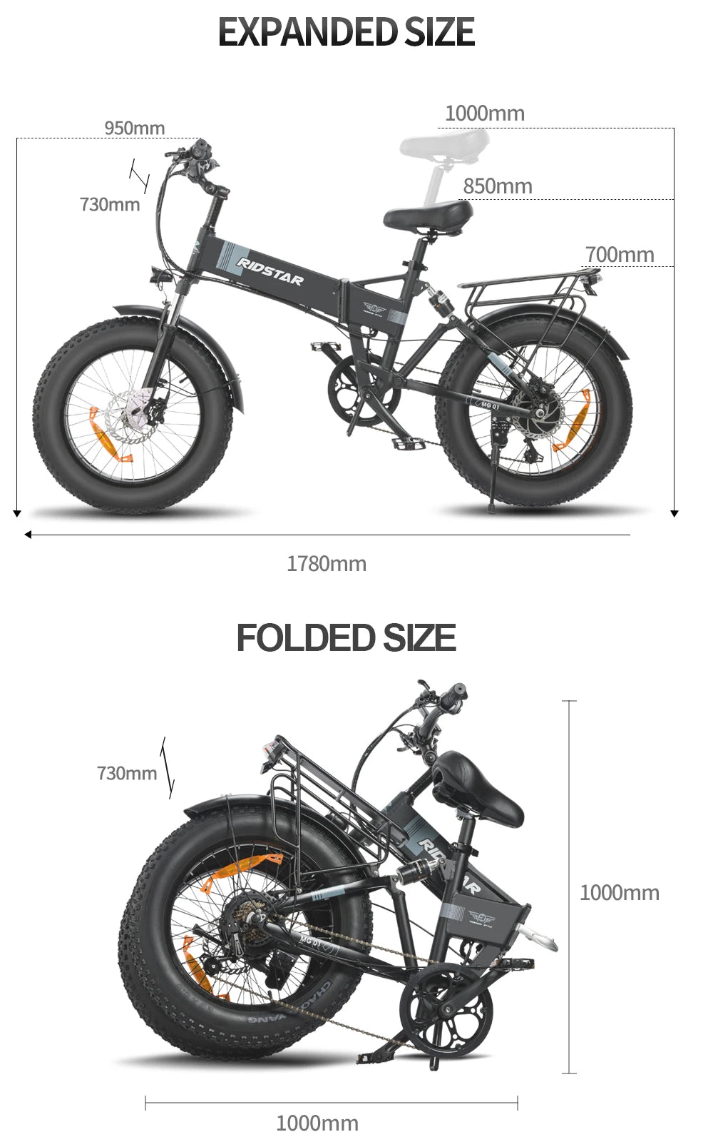 Foldable 1000W Fat Tire Ebike - Ridstar 48V 15AH Mountain E-Bike