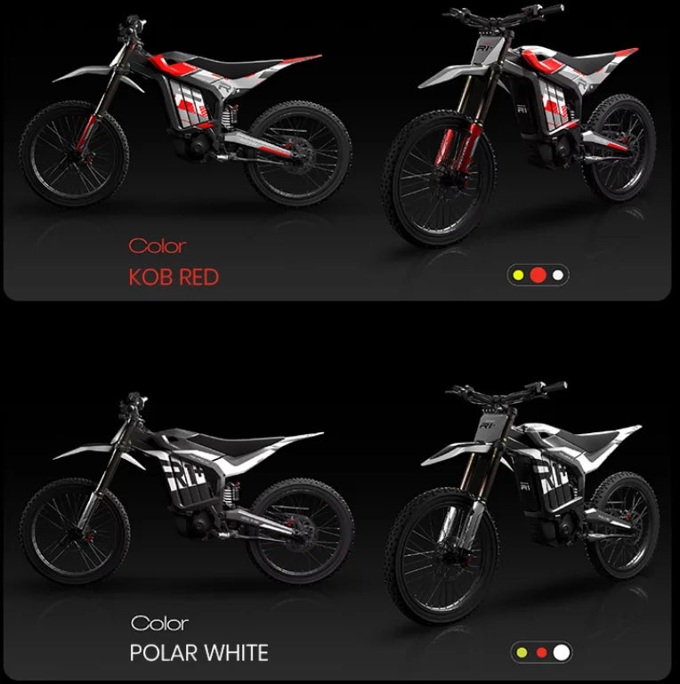 Two KOB RED and two POLAR WHITE electric bikes displayed against a dark background.