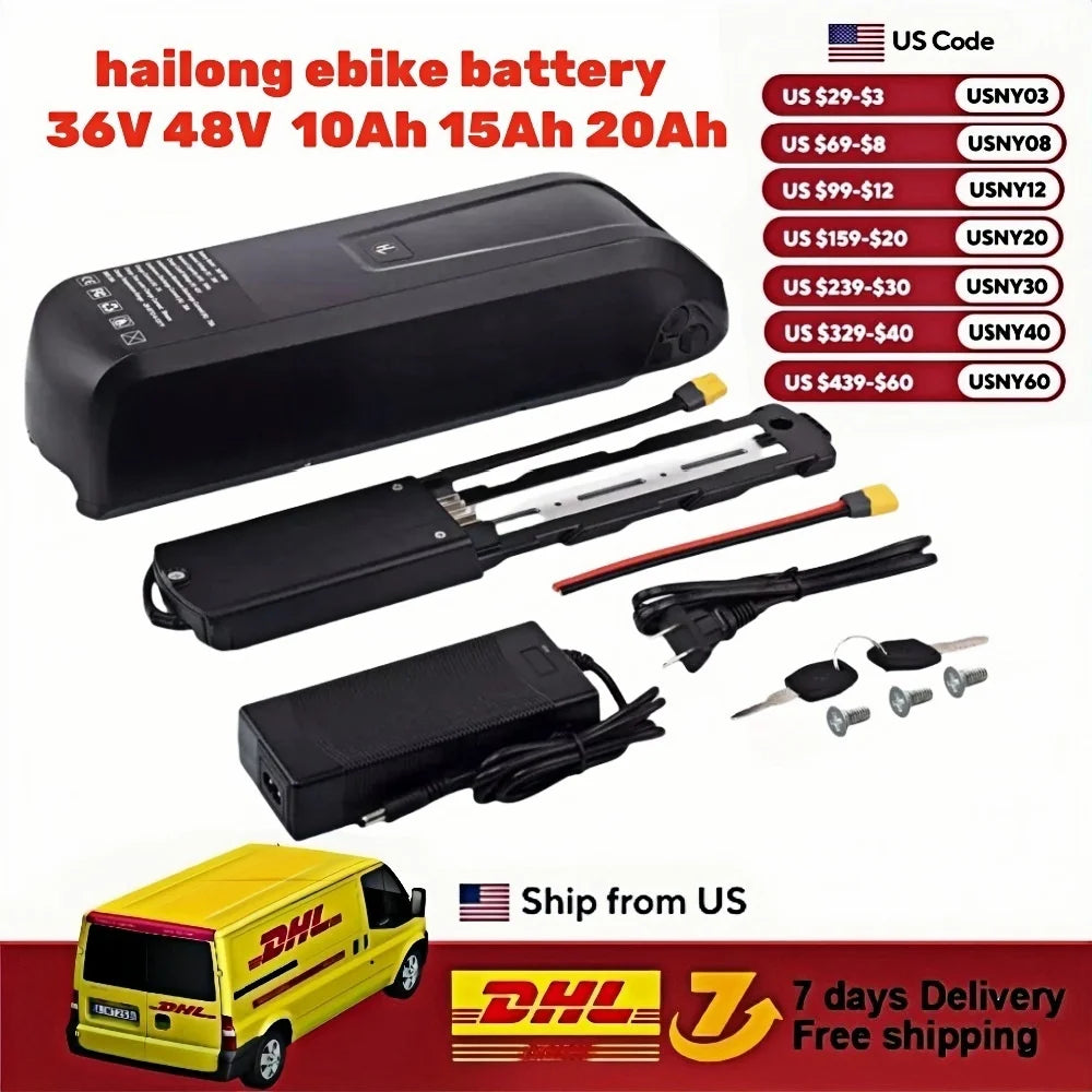 Hailong Ebike Battery 36V/48V – 10Ah–20Ah Long Range Lithium Packs