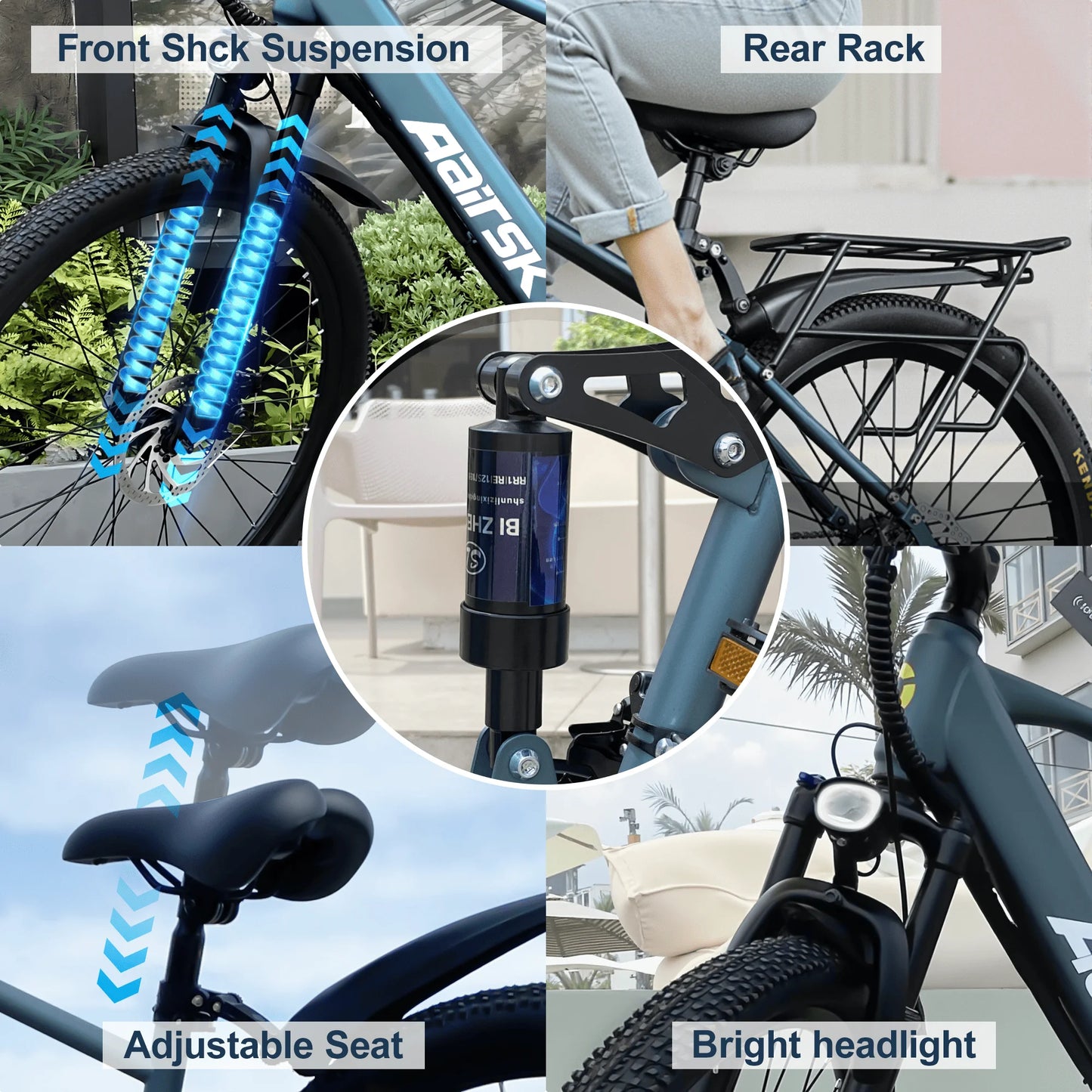 Bicycle features including front shock suspension, rear rack, adjustable seat, and bright headlight with close-up details.