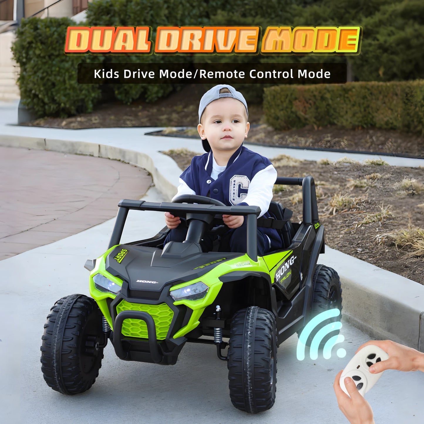 Child driving a green toy car with remote control, labeled 'Dual Drive Mode'.