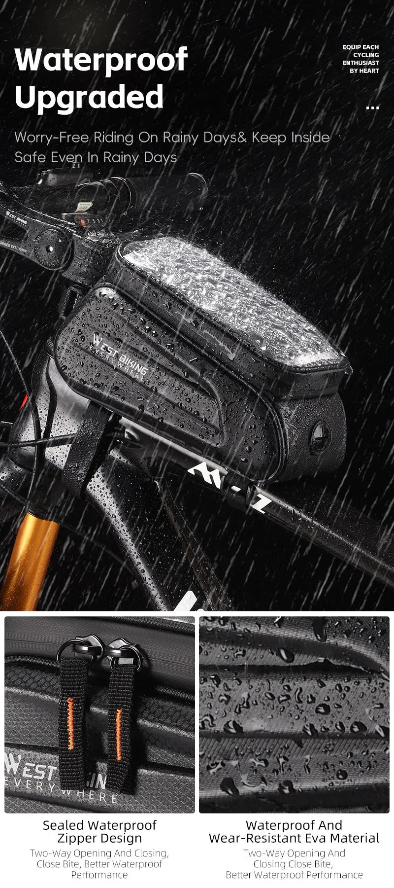 WEST BIKING Waterproof Bike Phone Bag – Front Tube Saddle Bag for 7-Inch Phones