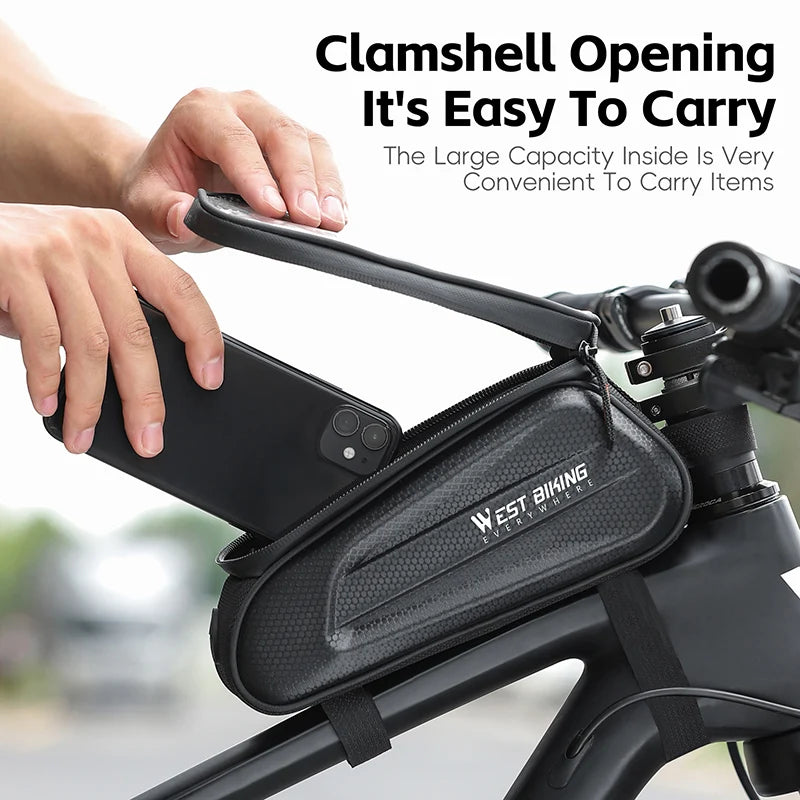 WEST BIKING Waterproof Bike Phone Bag – Front Tube Saddle Bag for 7-Inch Phones