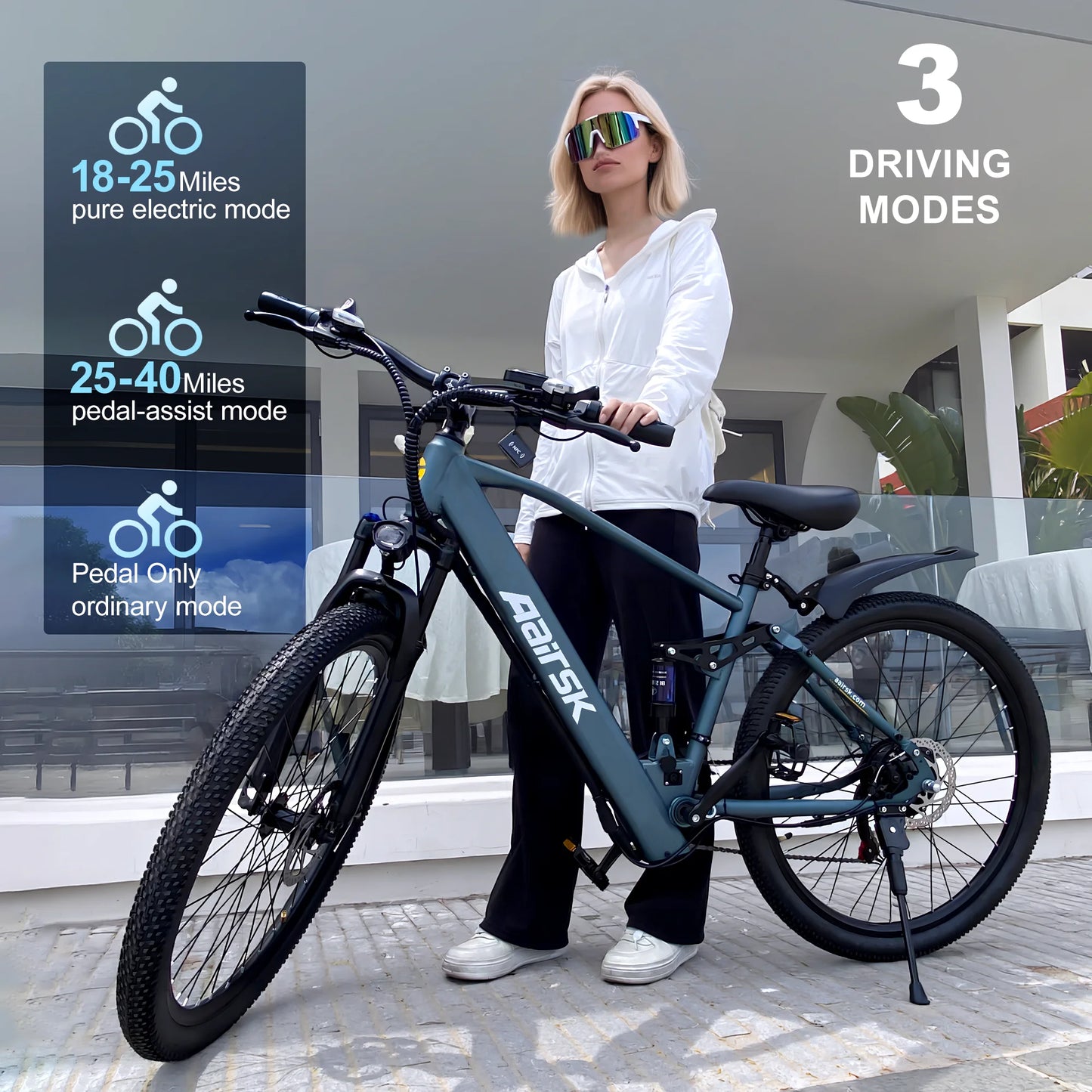 Woman holding a Parus electric bike with mode indicators on a modern building background