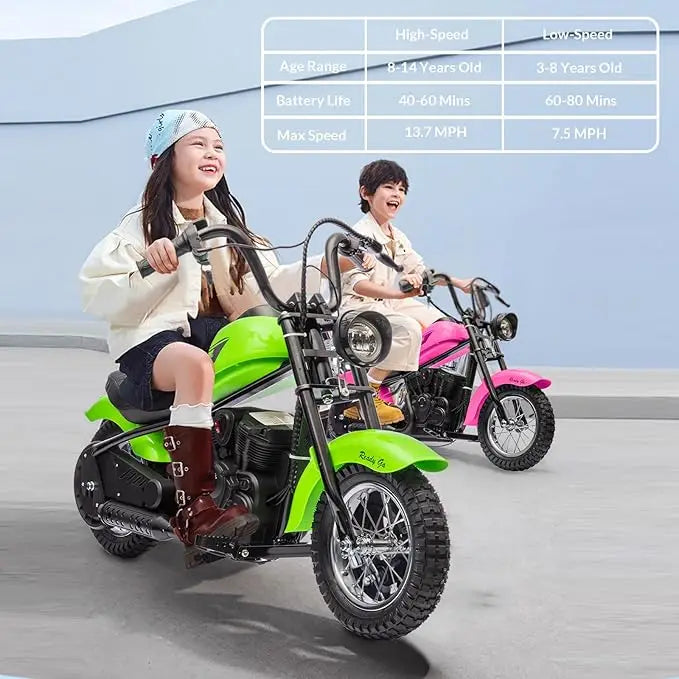 Two children riding green and pink toy motorcycles with specifications displayed above.