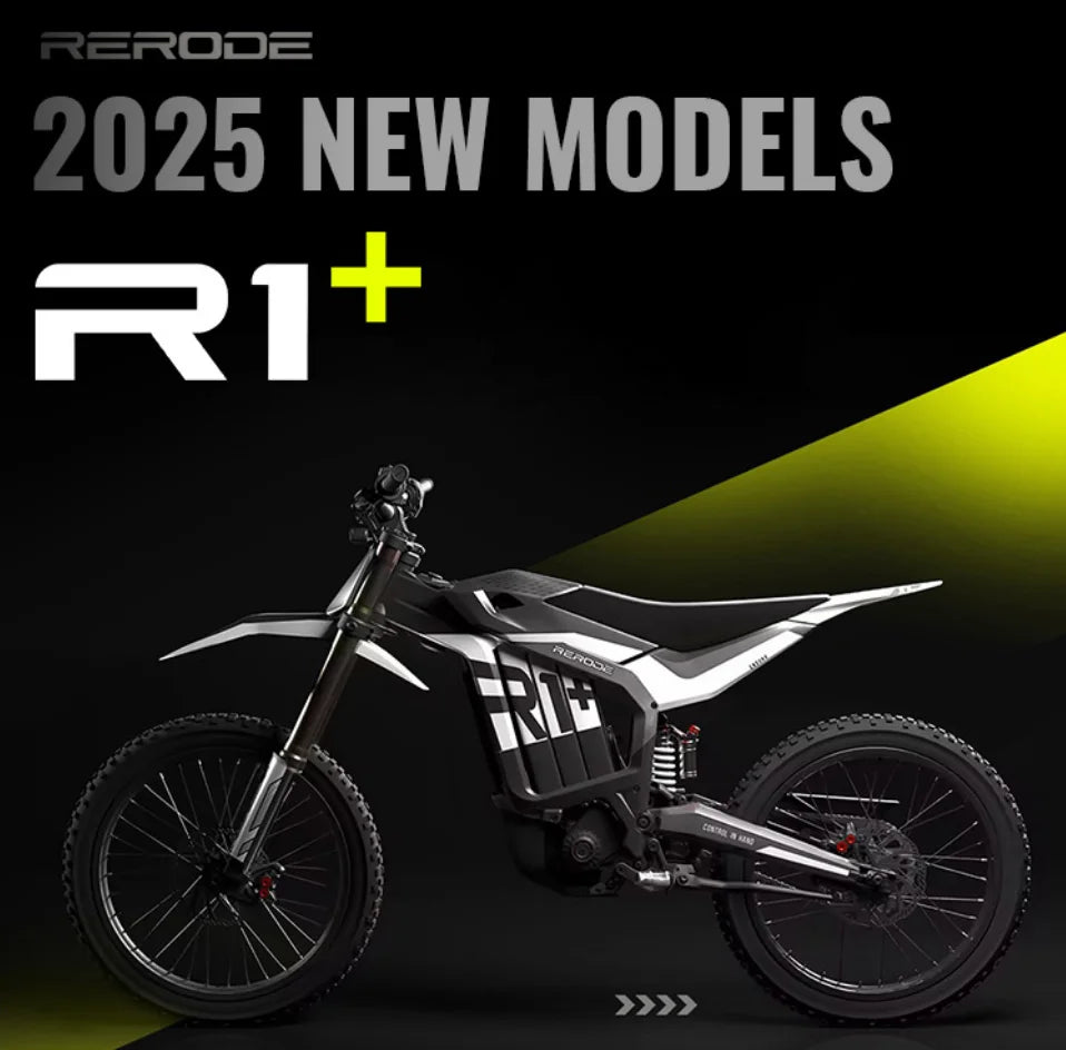 Motorcycle with 'R1+' branding on a dark background, featuring 'Rerode' and '2025 New Models' text.
