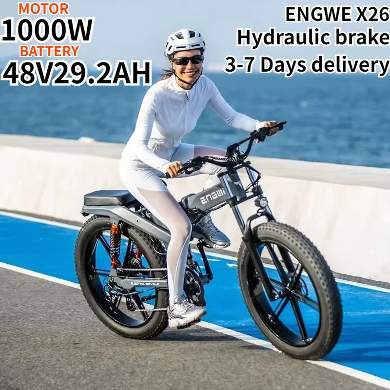 Meta Title: ENGWE X26 Electric Bike | Folding Fat Tire E-Bike 1000W Power
Discover the ENGWE X26 electric bike with a 1000W motor, a 48V battery, and a folding design. Ride up to 50km/h. Free shipping from E-Bikes and Accessories.