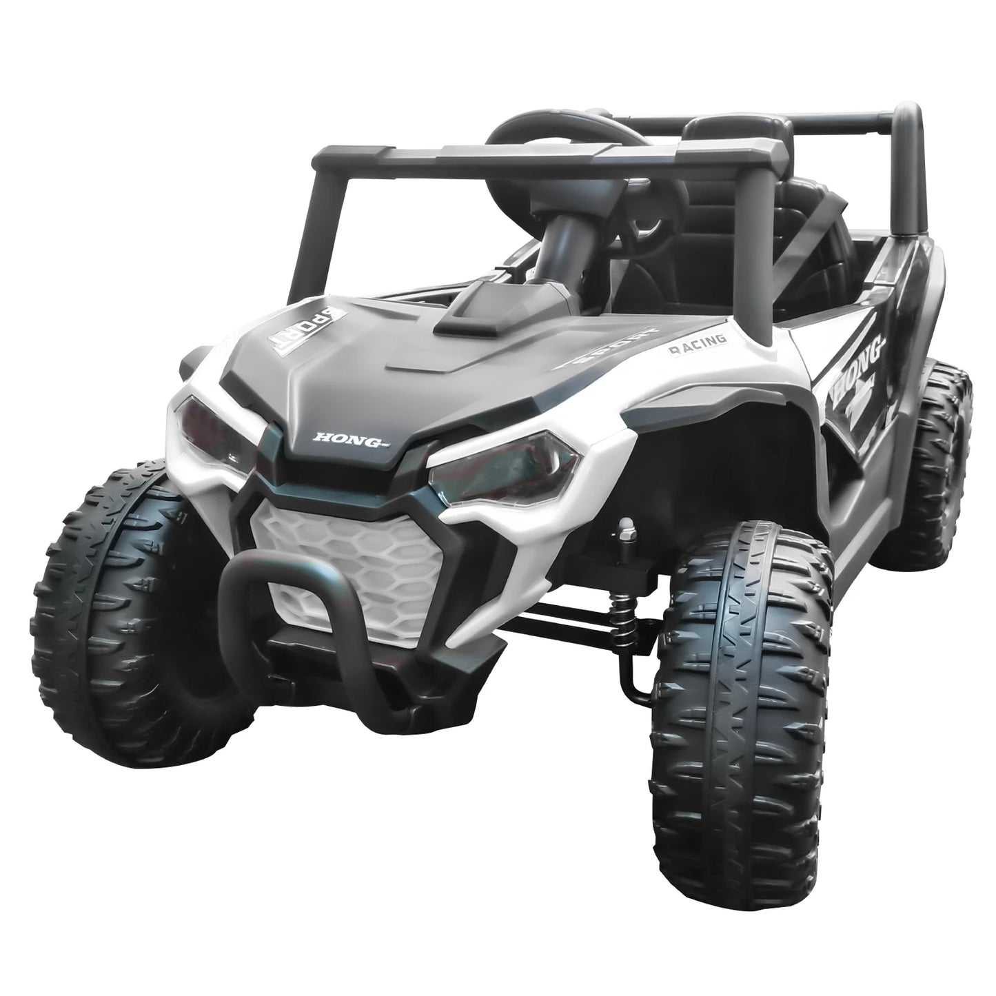 Toy off-road vehicle with large wheels on a white background