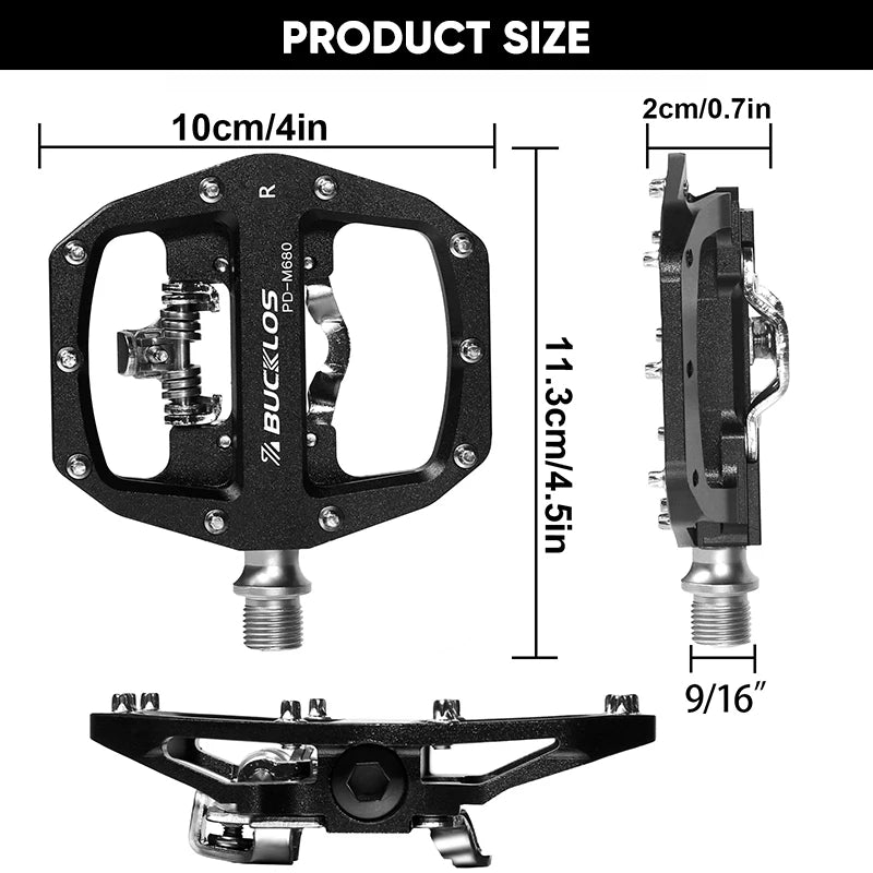 Black bicycle pedal with measurements on a white background