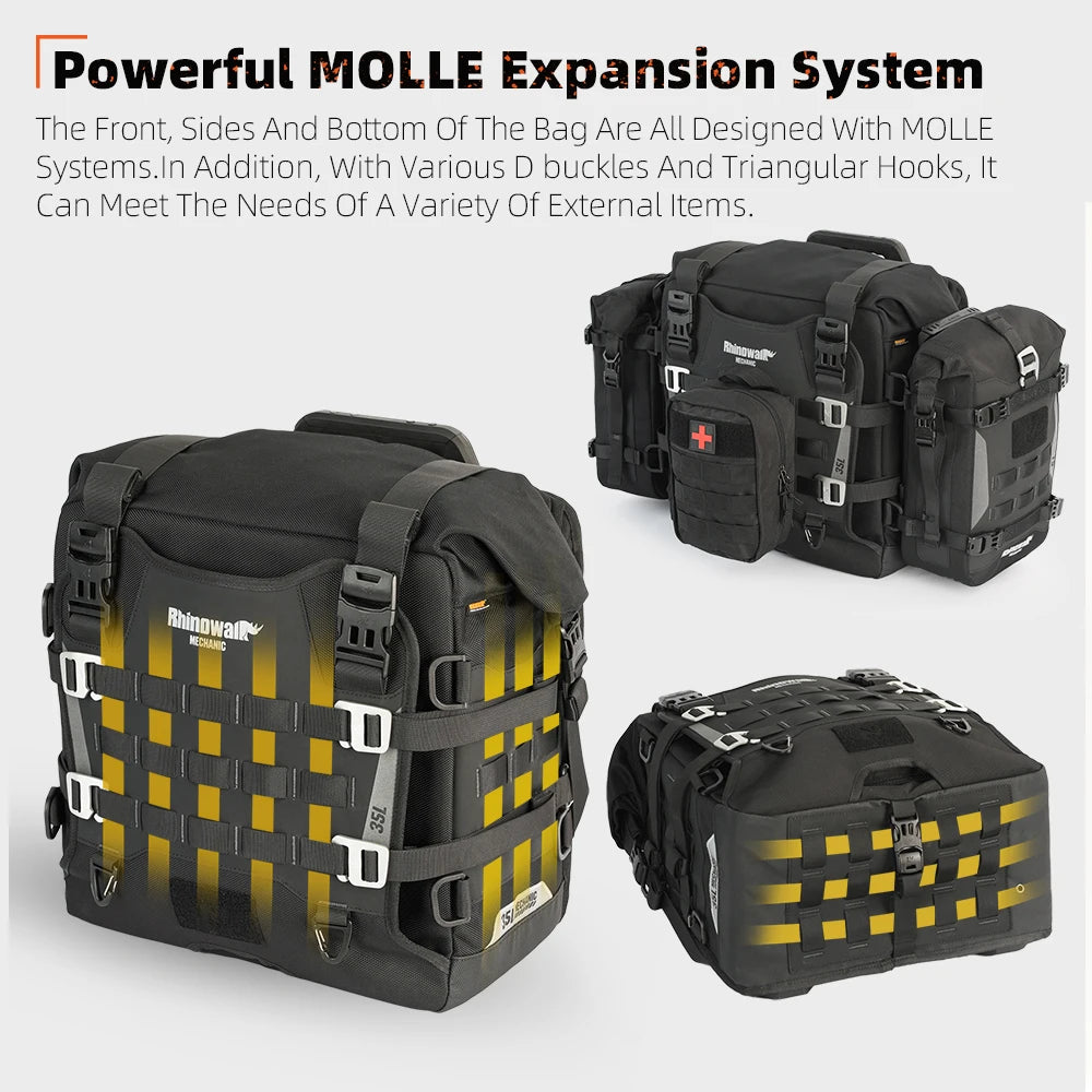 Black and yellow bag with MOLLE expansion system on a white background