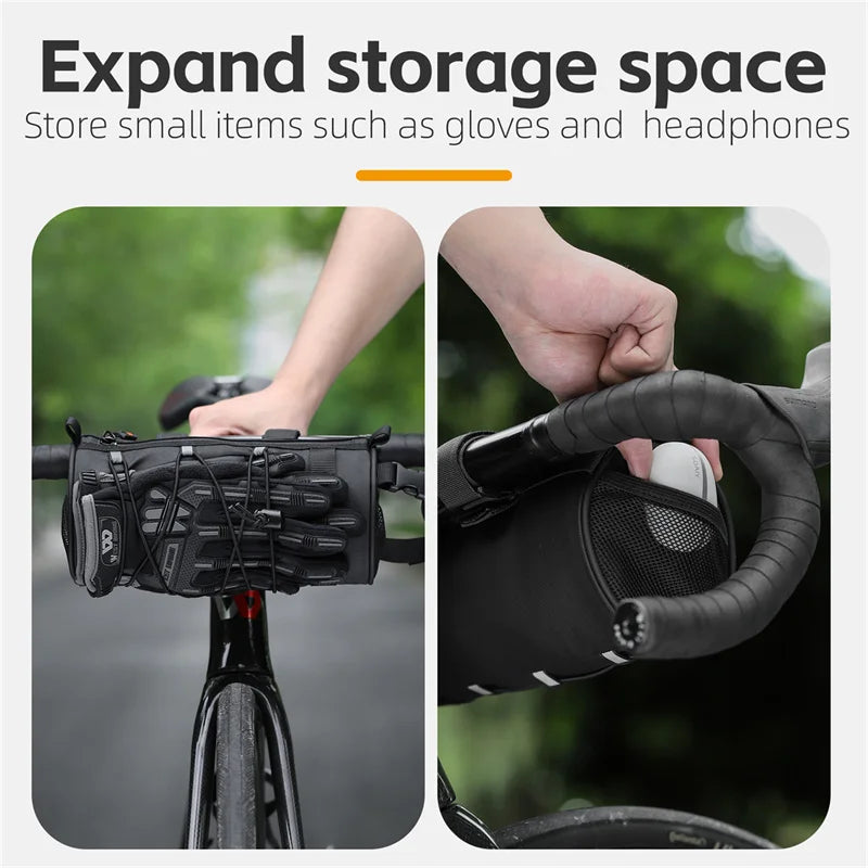 Bicycle handlebar bag with text 'Expand storage space' and 'Store small items such as gloves and headphones'.