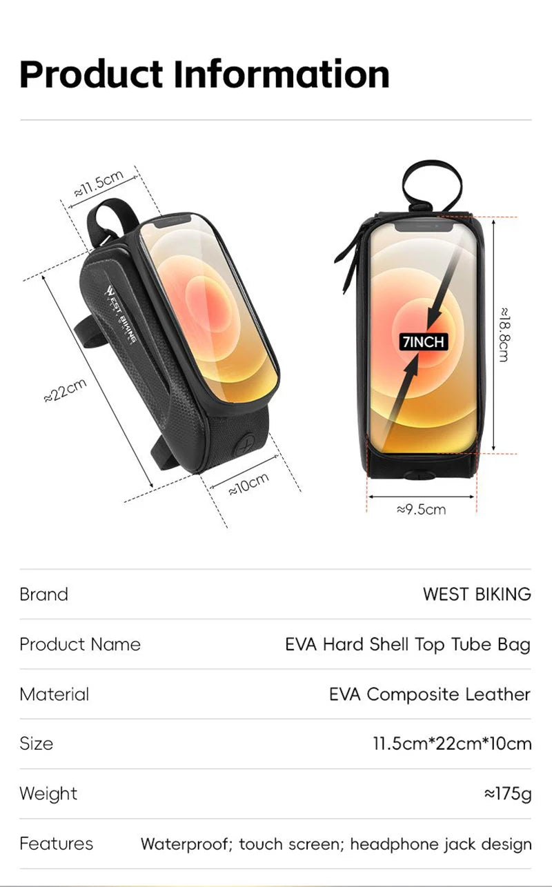 WEST BIKING Waterproof Bike Phone Bag – Front Tube Saddle Bag for 7-Inch Phones