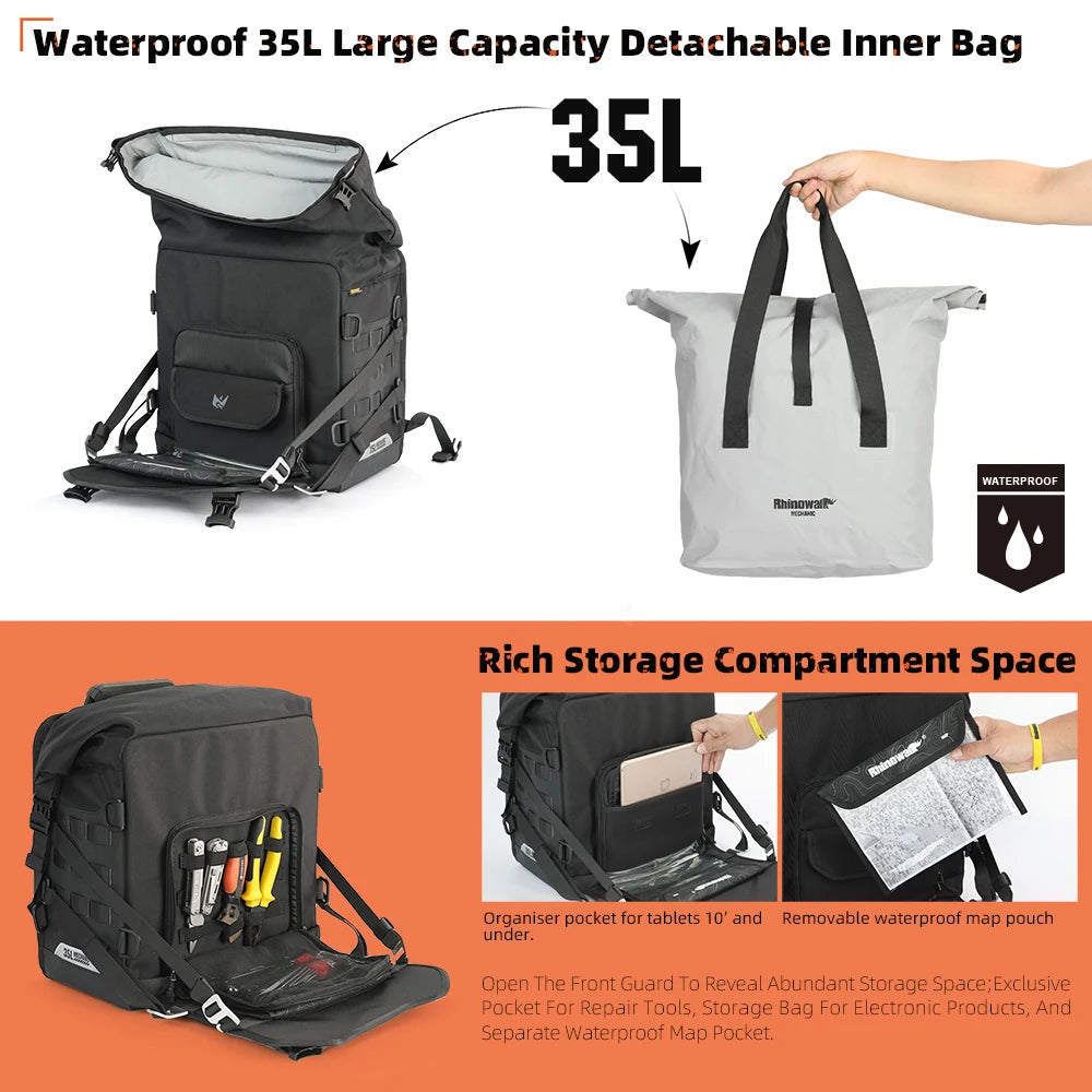 Waterproof 35L large capacity detachable inner bag with storage compartments and features.