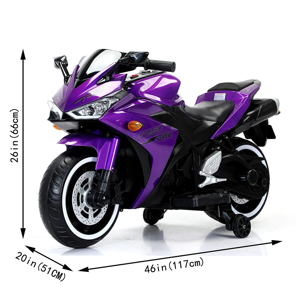 Purple toy motorcycle with dimensions indicated on a white background
