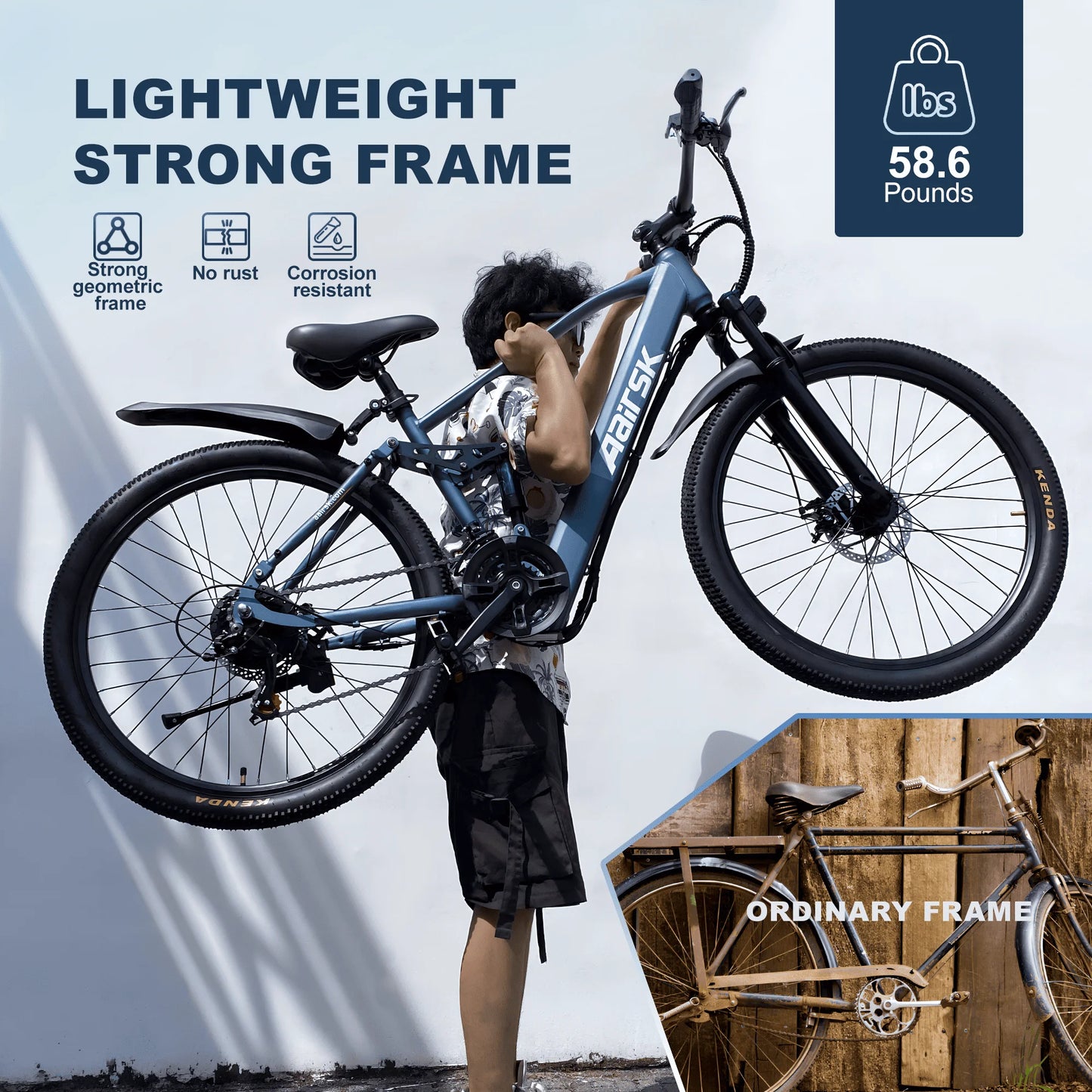 Person lifting a lightweight electric bike with text highlighting its features against a light blue background.
