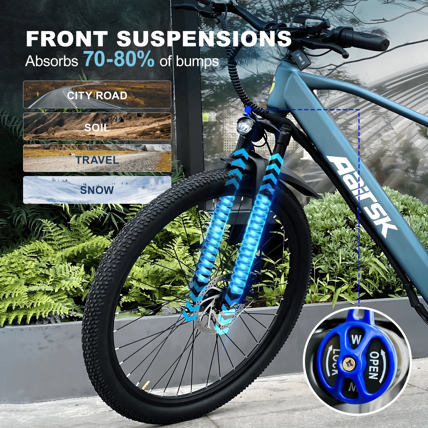 Bicycle with front suspension system on a blurred outdoor background