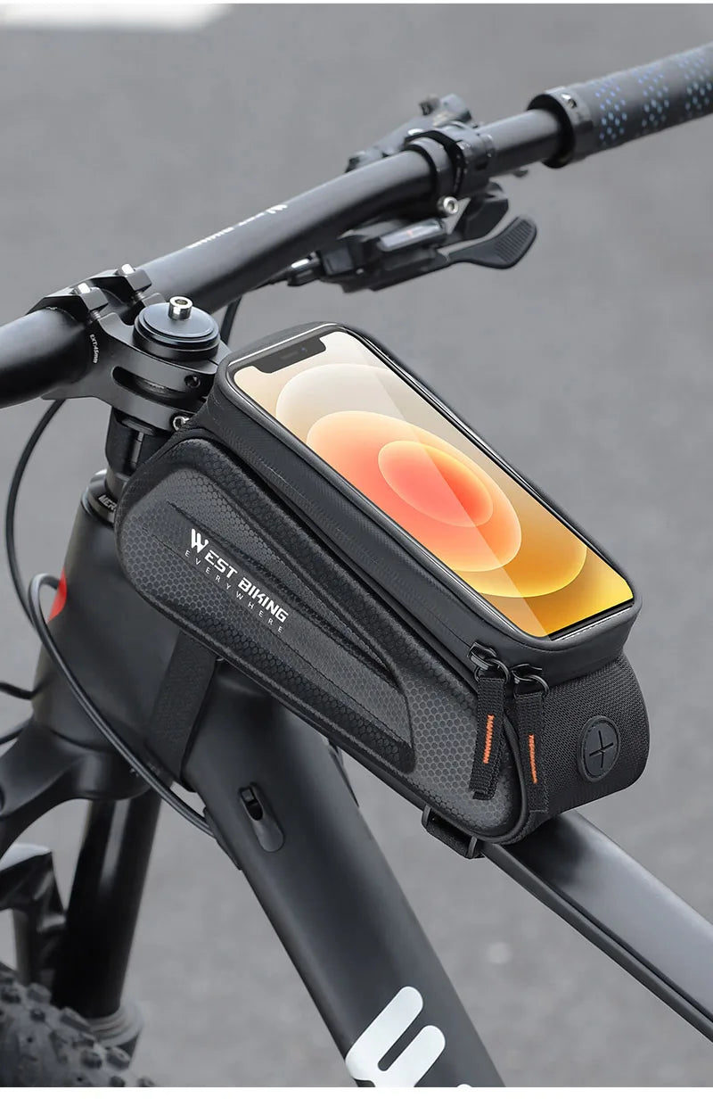 WEST BIKING Waterproof Bike Phone Bag – Front Tube Saddle Bag for 7-Inch Phones