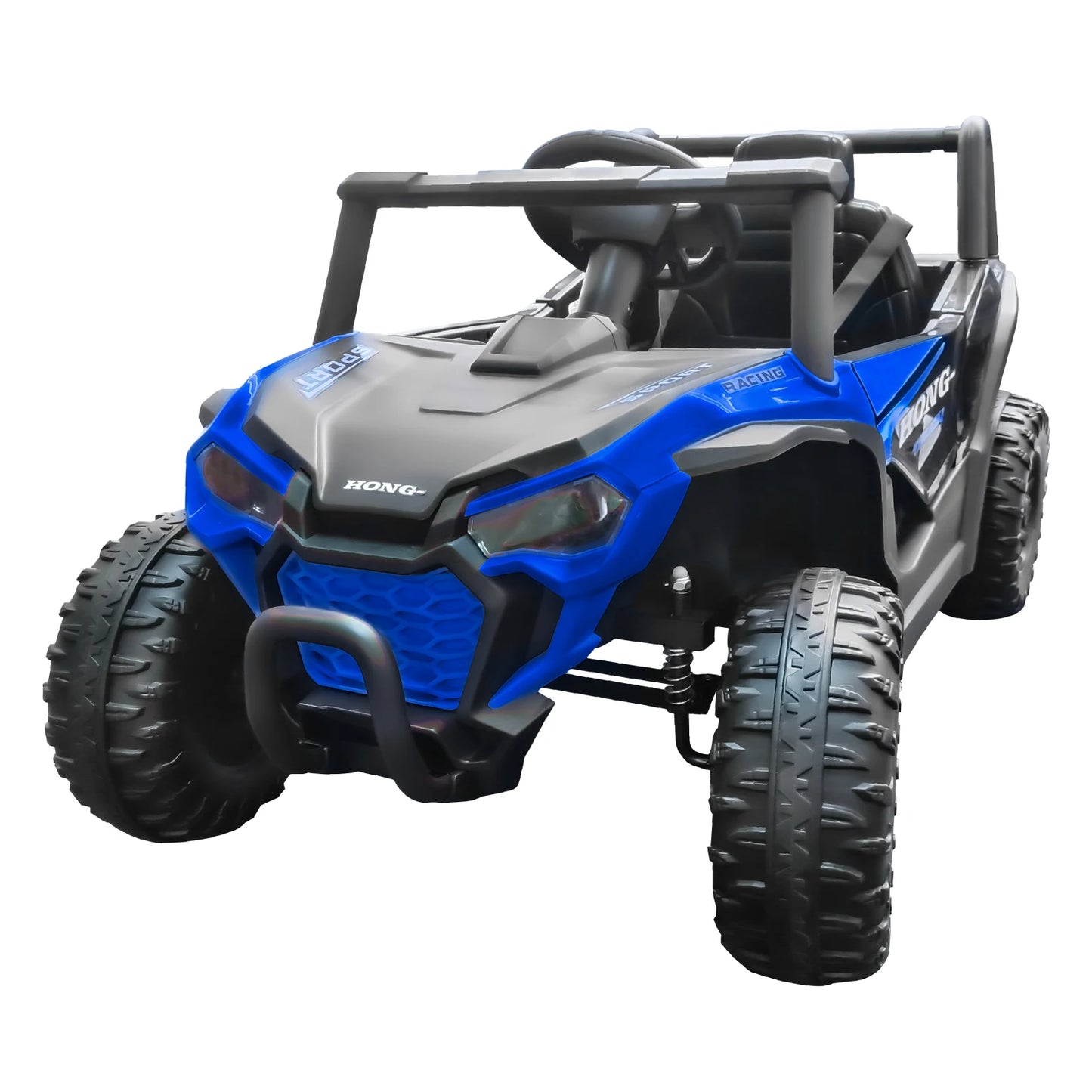 Blue and gray toy off-road vehicle on a white background