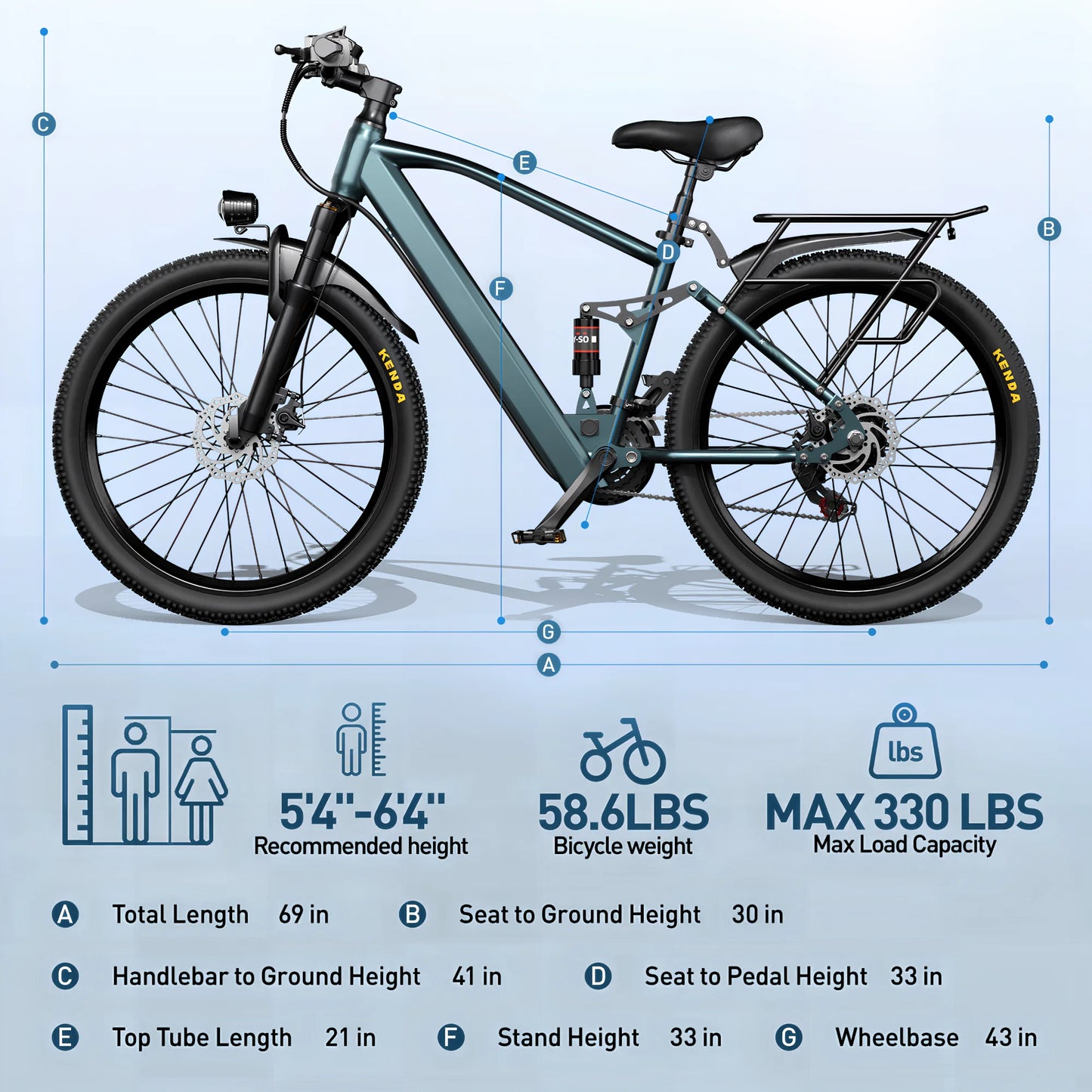 Electric bicycle with specifications on a blue background