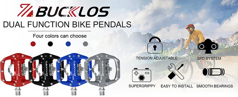 Bucklos dual function bike pedals with color options and features on a mountain bike background
