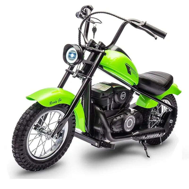Green and black toy motorcycle on a white background