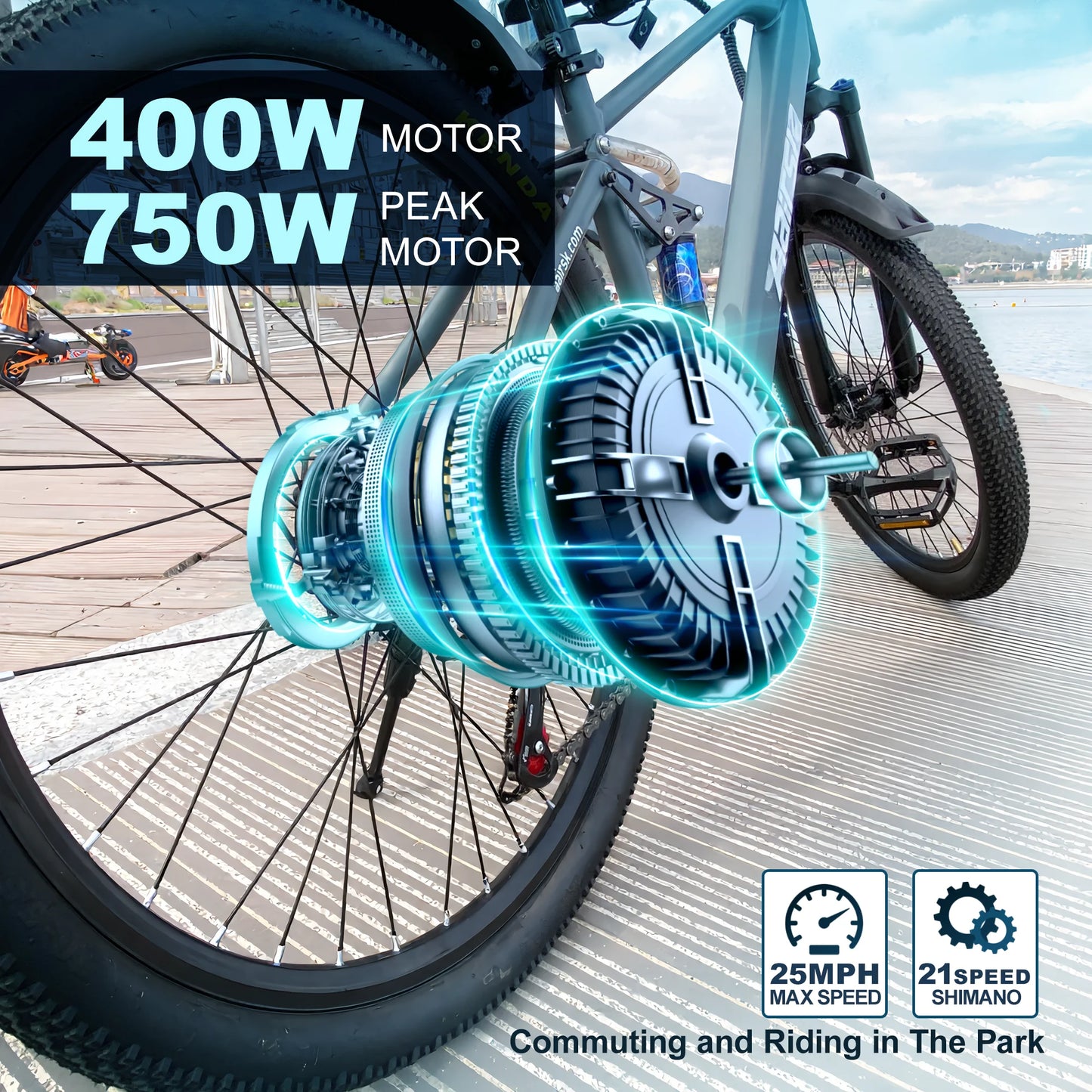 Electric bike with highlighted motor specifications and features on a scenic background.