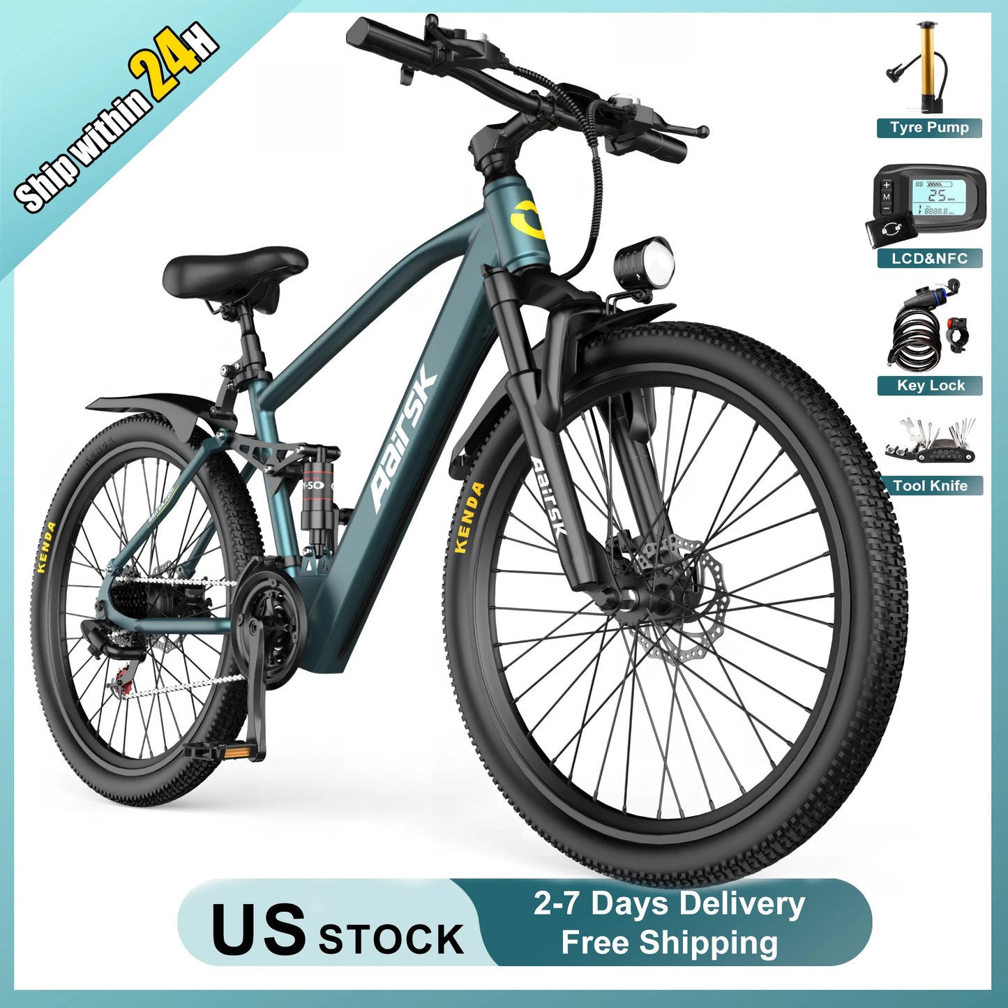 Electric bike with features listed on a white background