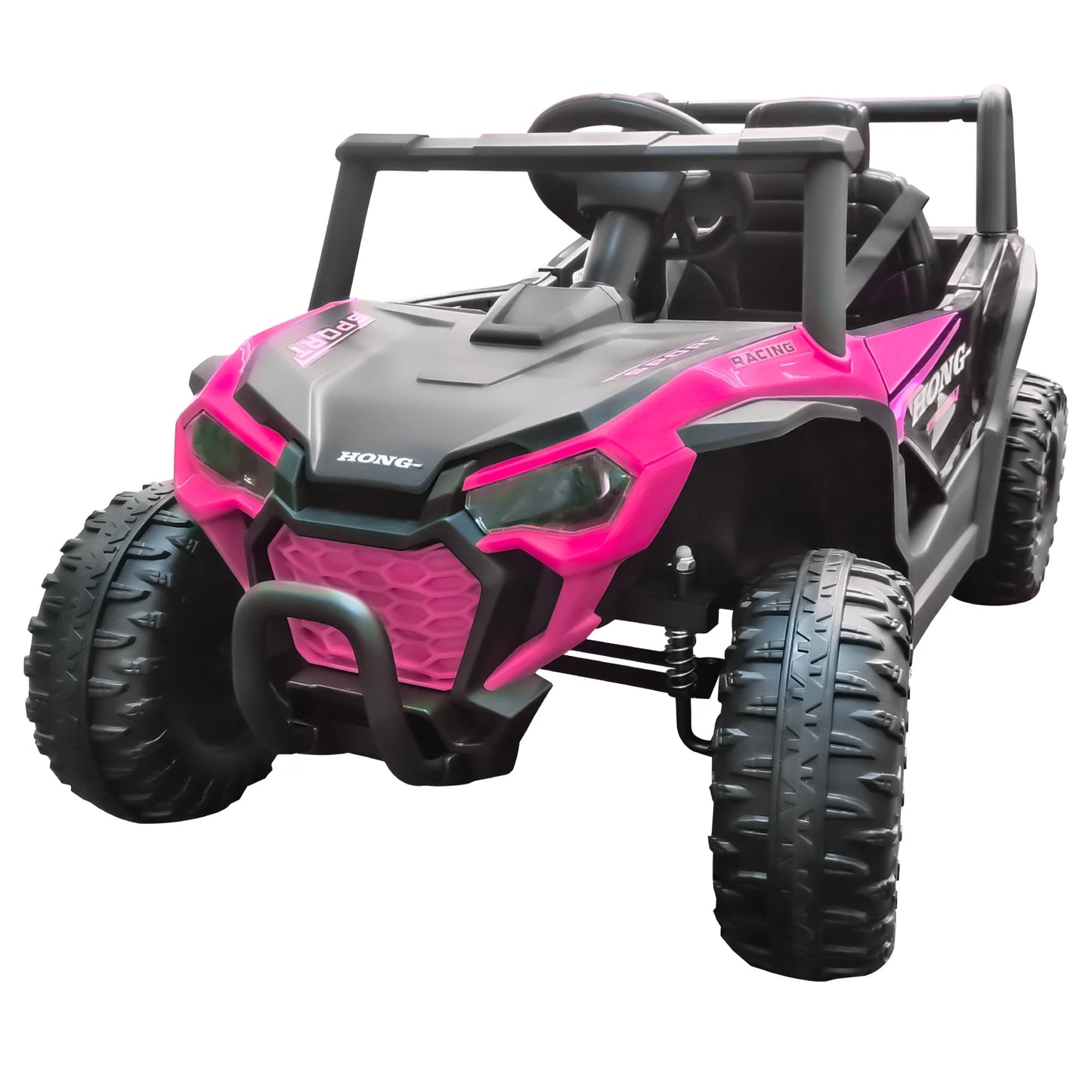 Pink and black toy off-road vehicle on a white background
