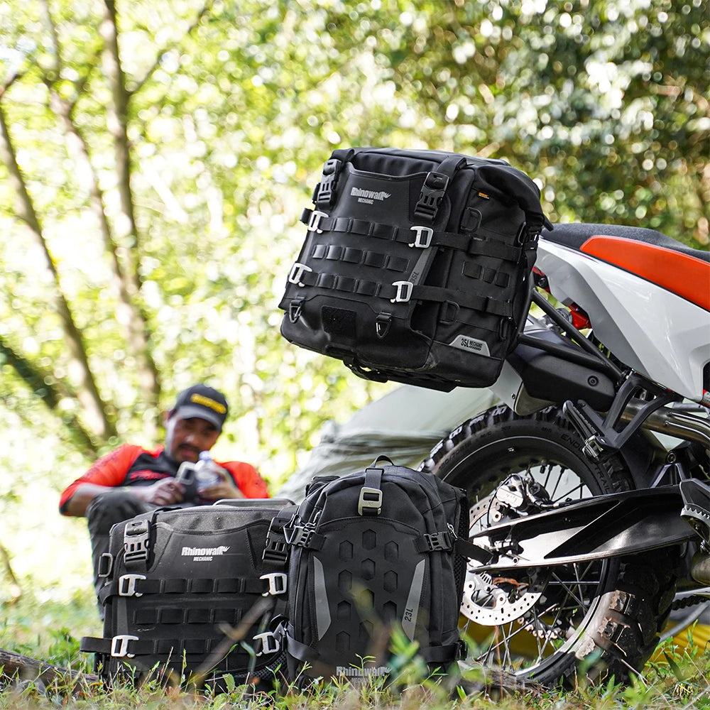 Motorcycle with Thule bags in a natural setting