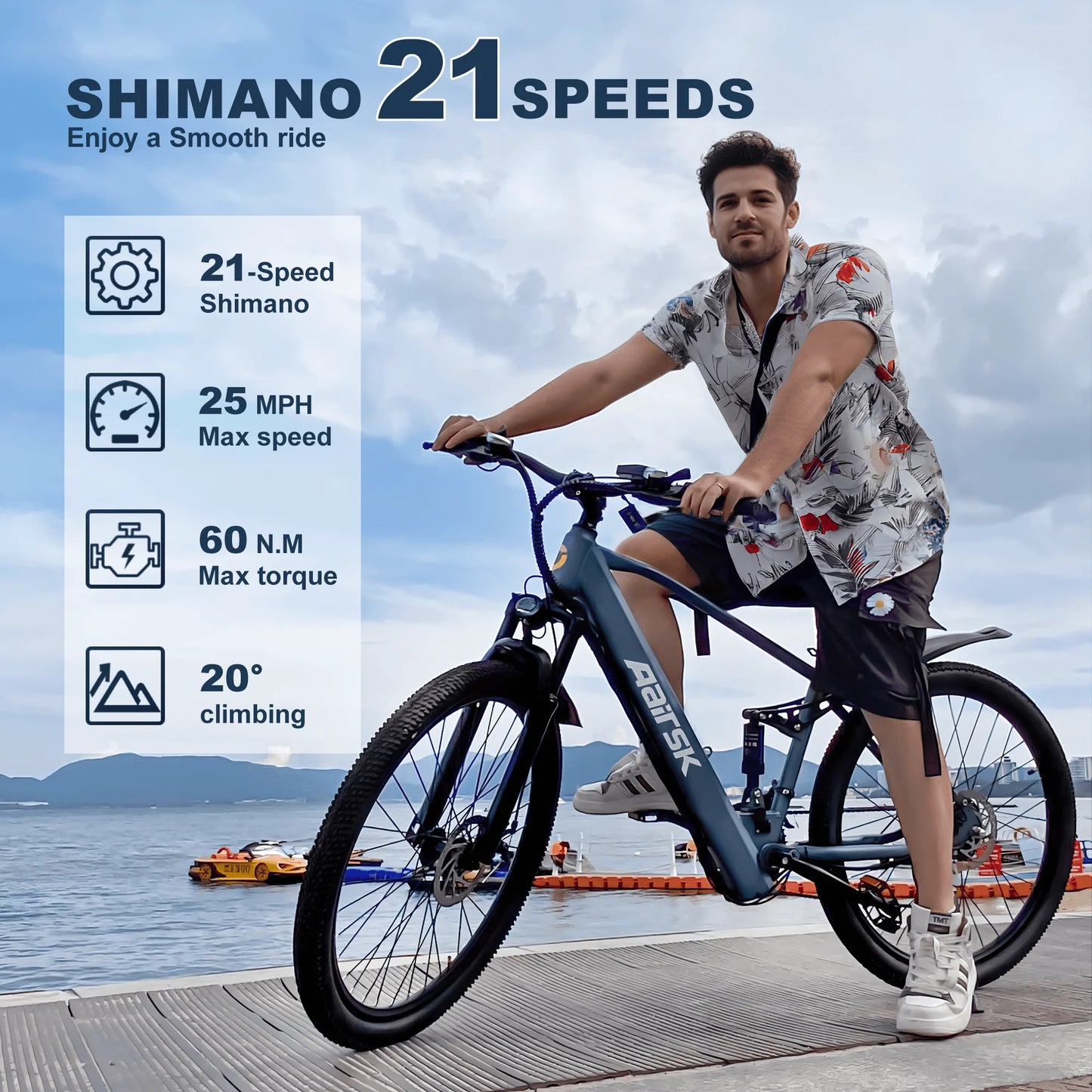 Person riding a bicycle with Shimano 21-speed system features displayed on screen