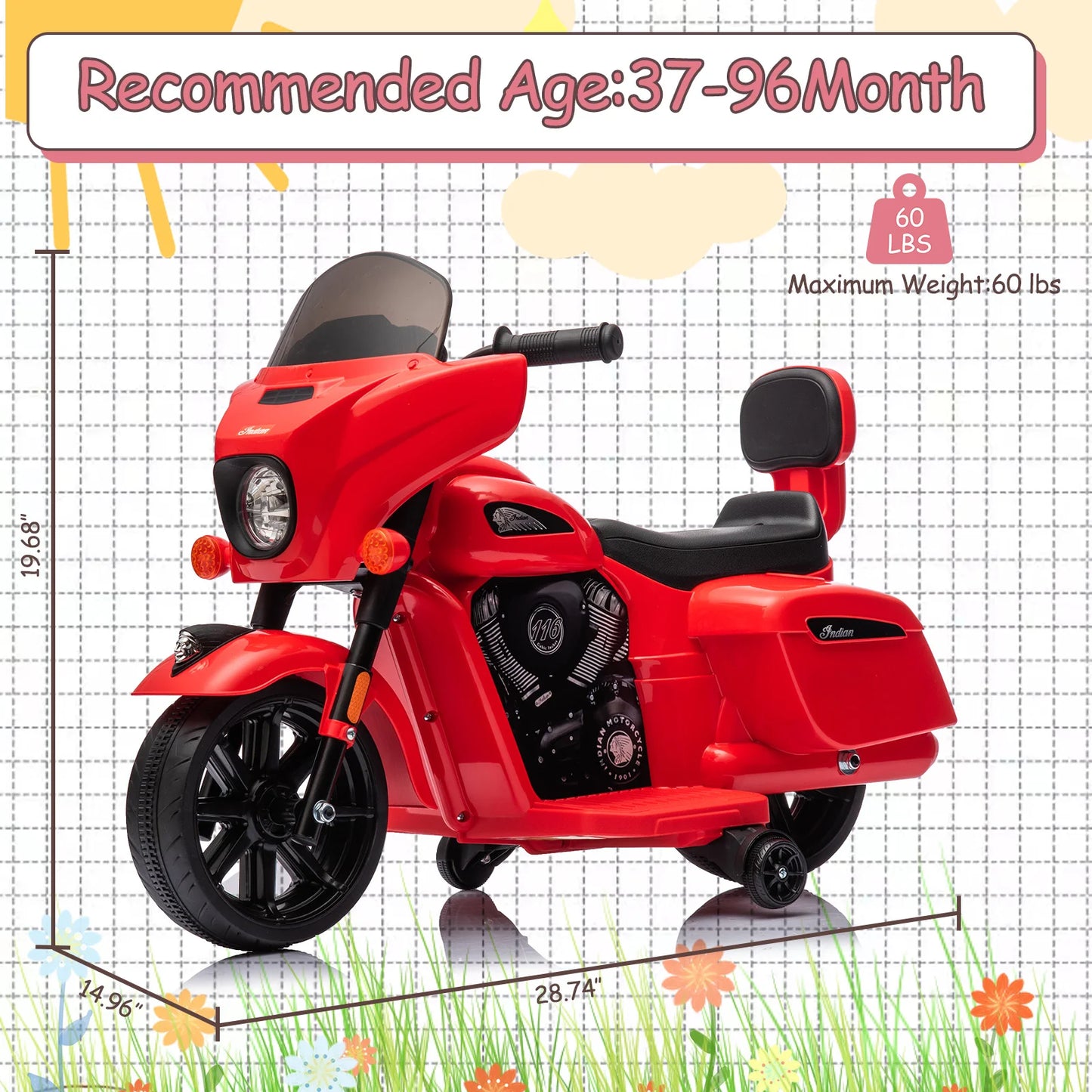 Red toy motorcycle with specifications on a grid background