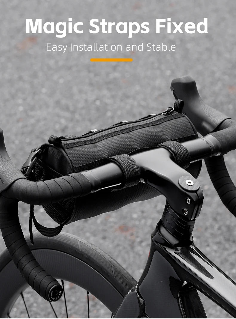 Bicycle handlebar with a bag and magic straps, on a blurred road background.